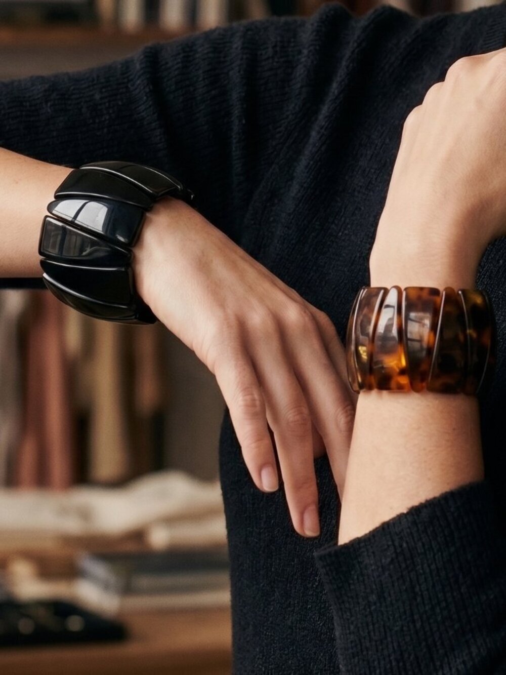 Set of 2 Wide Tortoise Shell Cuff Bracelet Stretchy Boho Statement Brown
